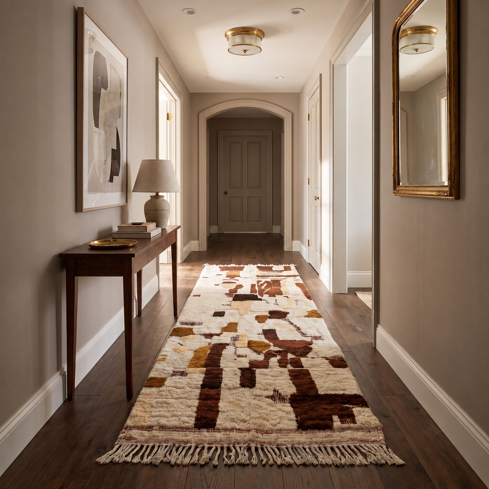 Handwoven Moroccan wool runner rug with abstract white and brown earth-tone pattern
