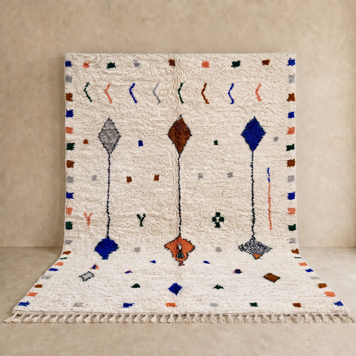 Natural white Moroccan Berber wool rug with symbolic diamond motifs