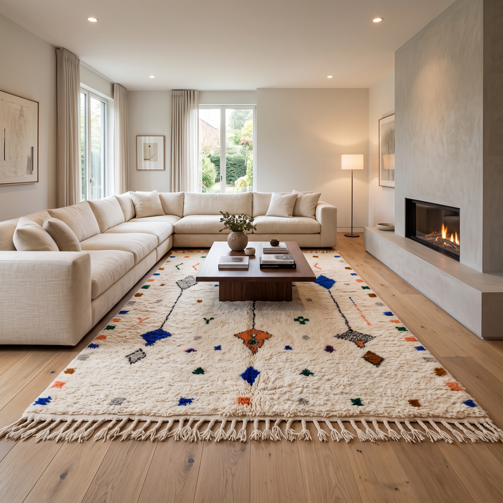 Natural white Moroccan Berber wool rug with symbolic diamond motifs