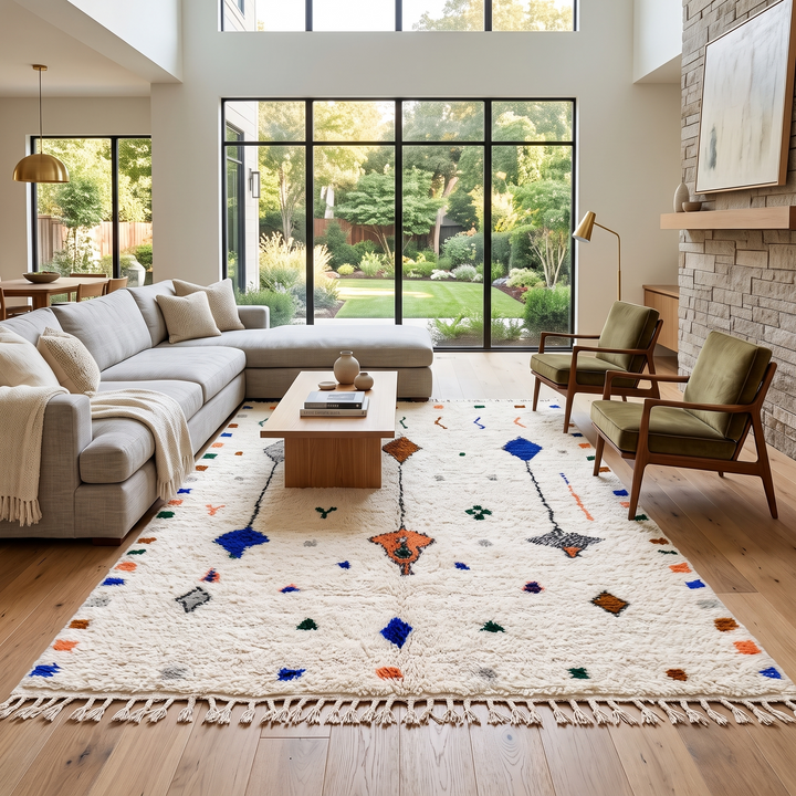 Natural white Moroccan Berber wool rug with symbolic diamond motifs