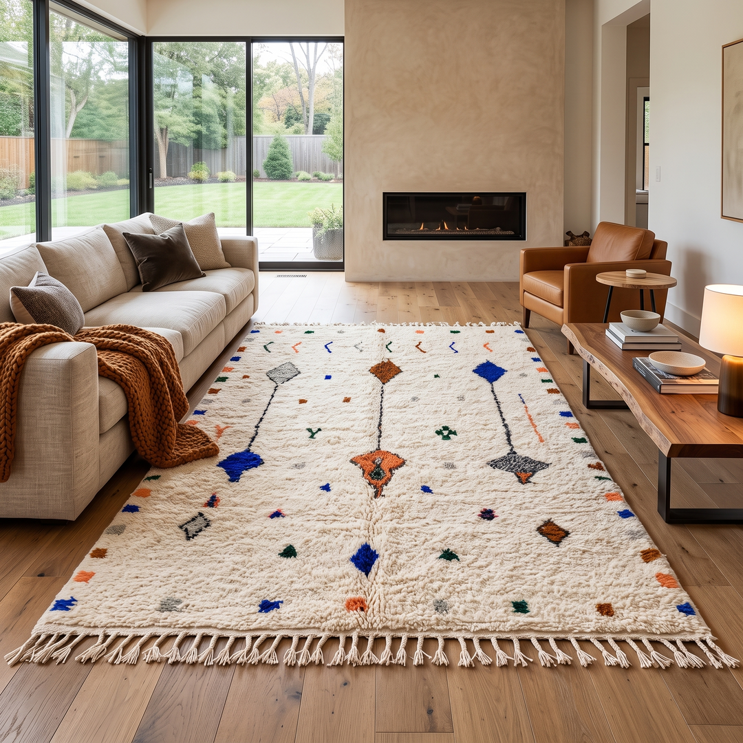 Natural white Moroccan Berber wool rug with symbolic diamond motifs