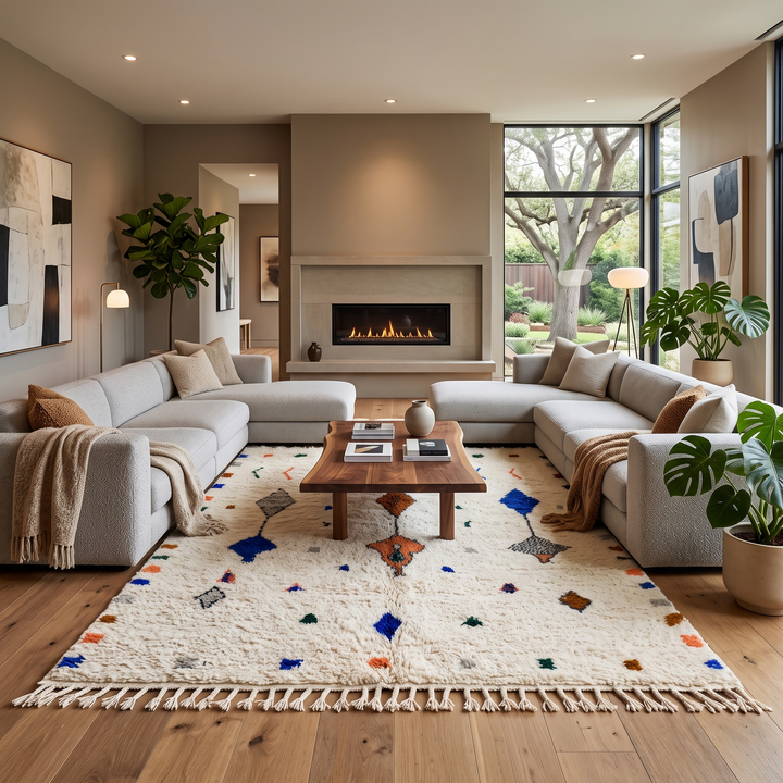 Natural white Moroccan Berber wool rug with symbolic diamond motifs