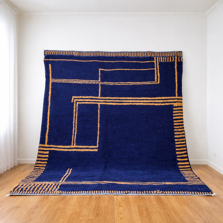 Navy Blue Moroccan Wool Rug with Mustard Lines