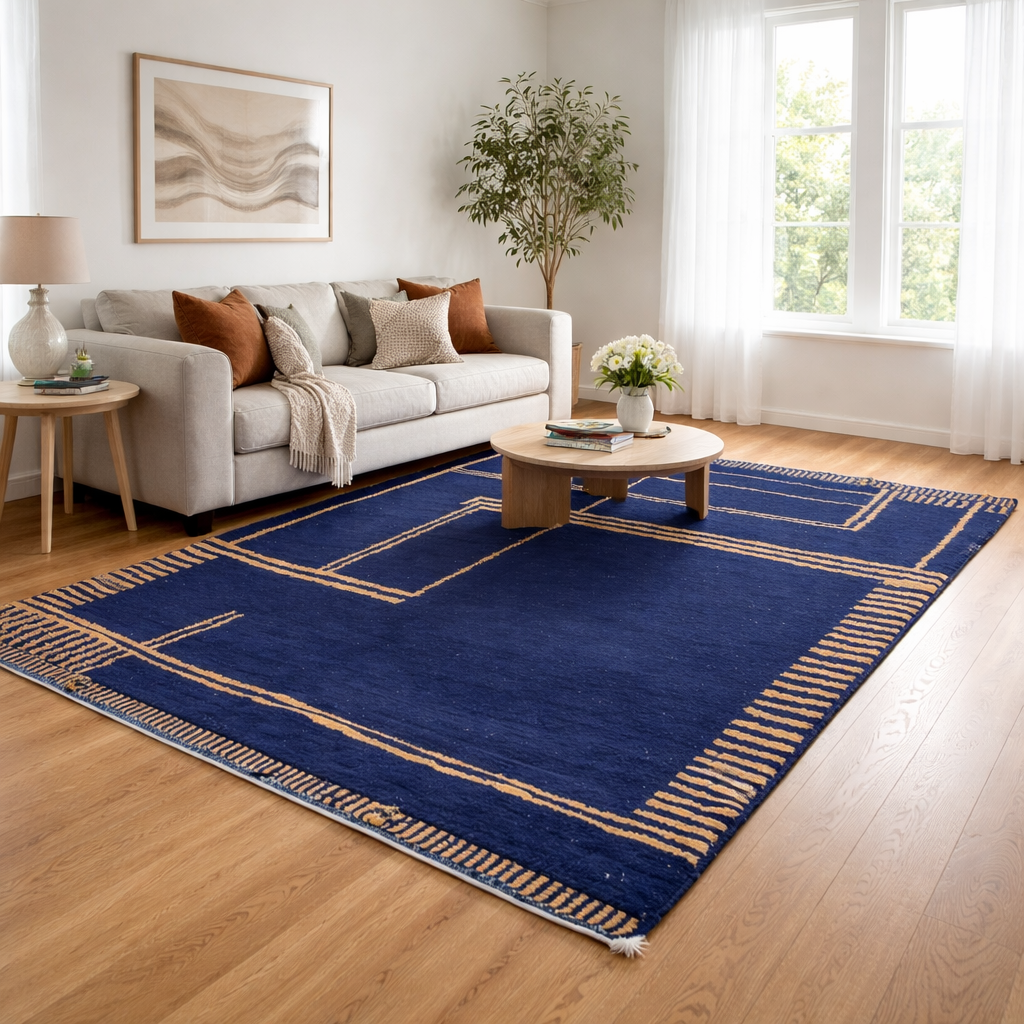 Navy Blue Moroccan Wool Rug with Mustard Lines