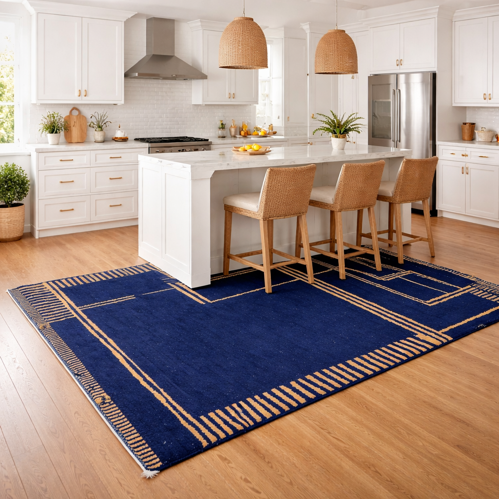 Navy Blue Moroccan Wool Rug with Mustard Lines