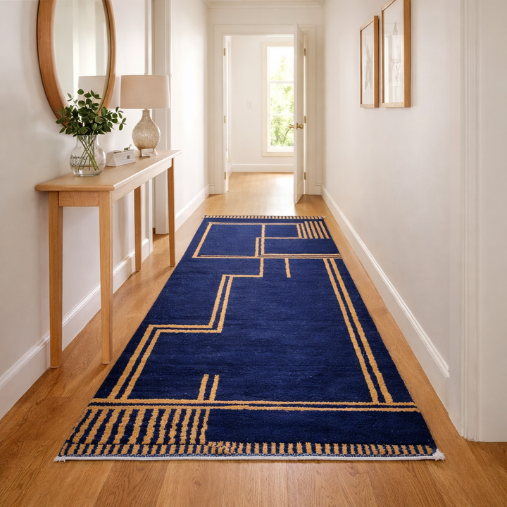 Navy Blue Moroccan Wool Rug with Mustard Lines