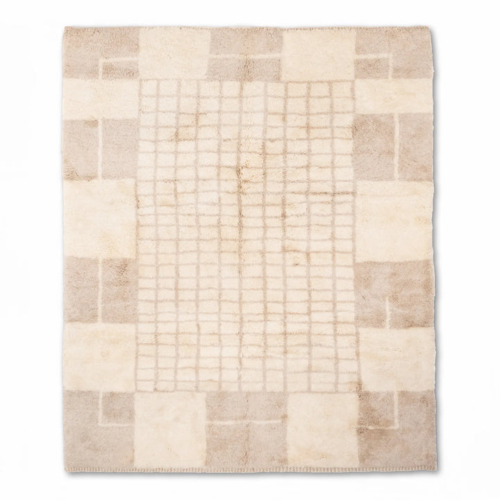 Neutral Checkered Wool Moroccan Rug – Modern Grid Design