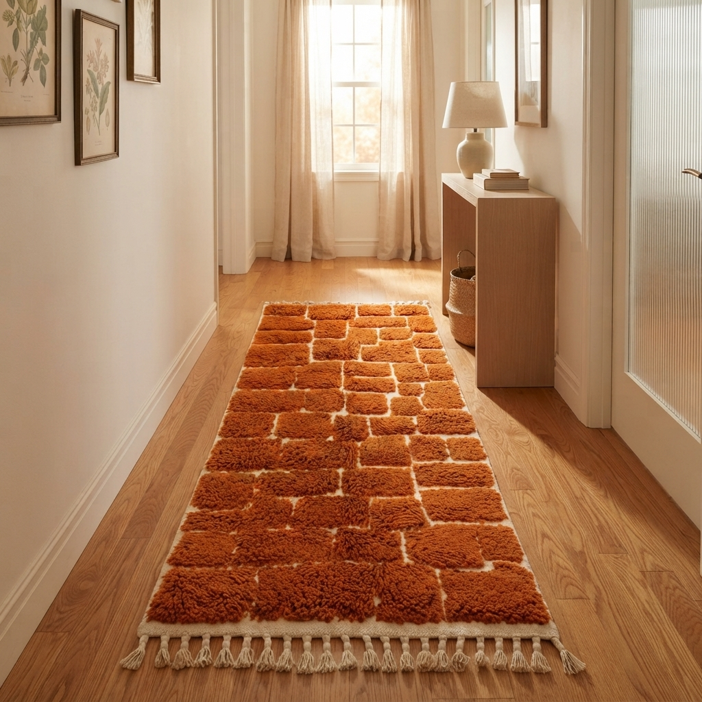 Handmade orange Moroccan runner rug with textured brick pattern in plush wool.