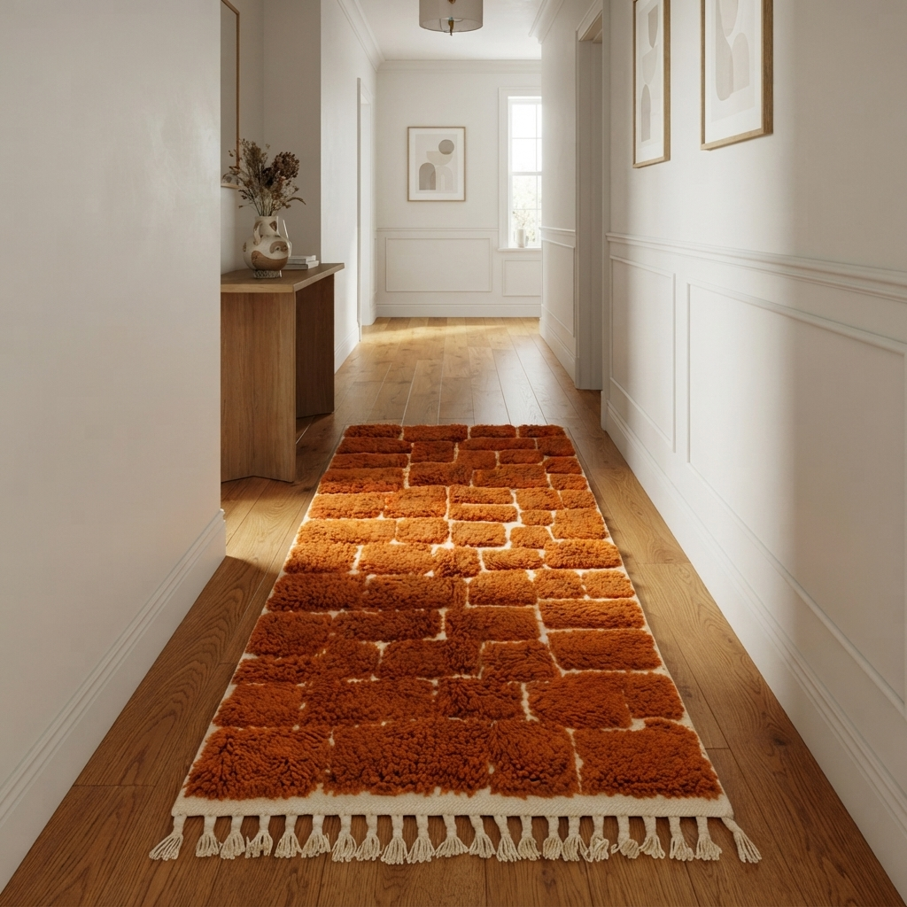 Handmade orange Moroccan runner rug with textured brick pattern in plush wool.