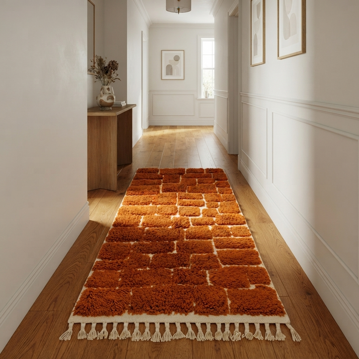 Handmade orange Moroccan runner rug with textured brick pattern in plush wool.