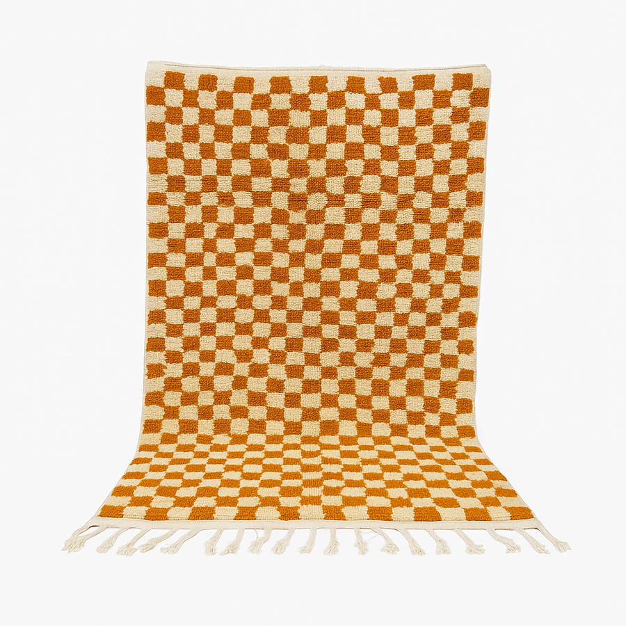 Handmade Moroccan wool rug in orange and cream checkerboard pattern – Berber wool carpet