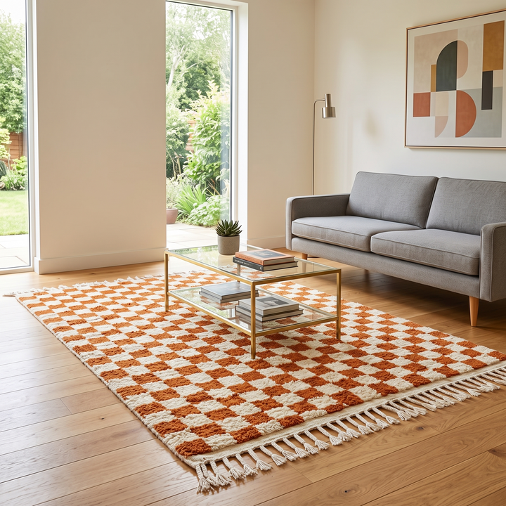 Handmade Moroccan wool rug in orange and cream checkerboard pattern – Berber wool carpet
