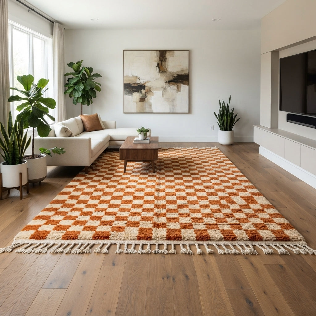 Handmade Moroccan wool rug in orange and cream checkerboard pattern – Berber wool carpet
