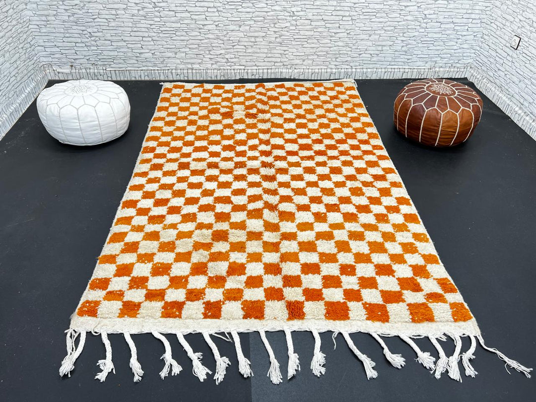 Handmade Moroccan wool rug in orange and cream checkerboard pattern – Berber wool carpet
