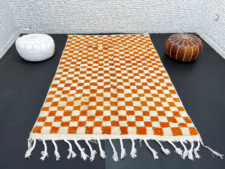 Handmade Moroccan wool rug in orange and cream checkerboard pattern – Berber wool carpet