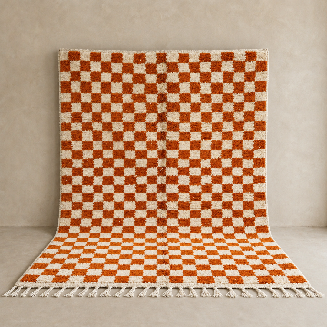 Handmade Moroccan wool rug in orange and cream checkerboard pattern – Berber wool carpet
