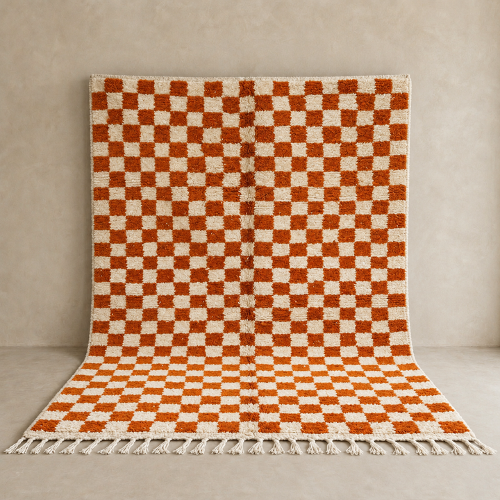 Handmade Moroccan wool rug in orange and cream checkerboard pattern – Berber wool carpet
