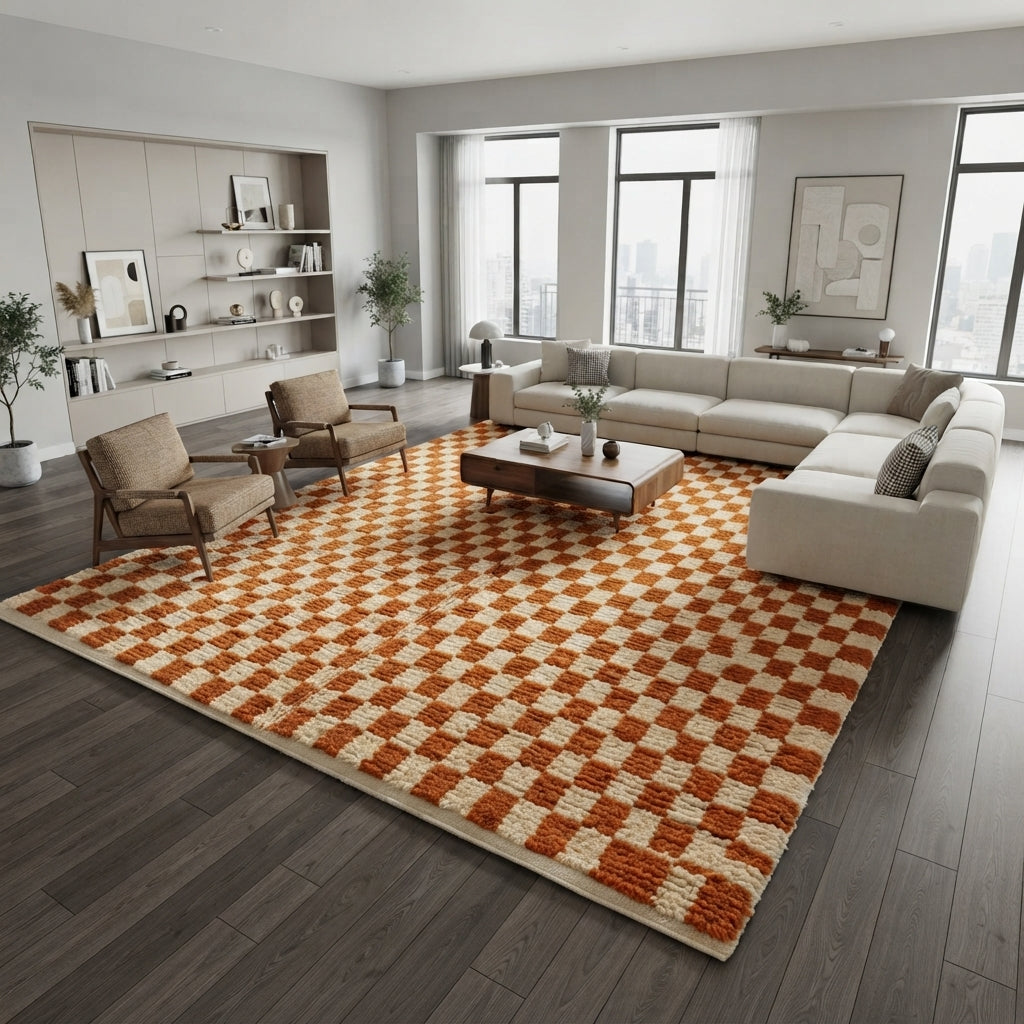 Handmade Moroccan wool rug in orange and cream checkerboard pattern – Berber wool carpet
