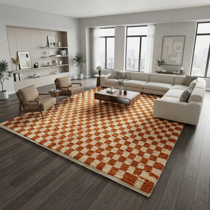 Handmade Moroccan wool rug in orange and cream checkerboard pattern – Berber wool carpet
