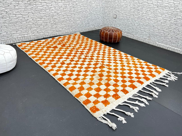 Handmade Moroccan wool rug in orange and cream checkerboard pattern – Berber wool carpet
