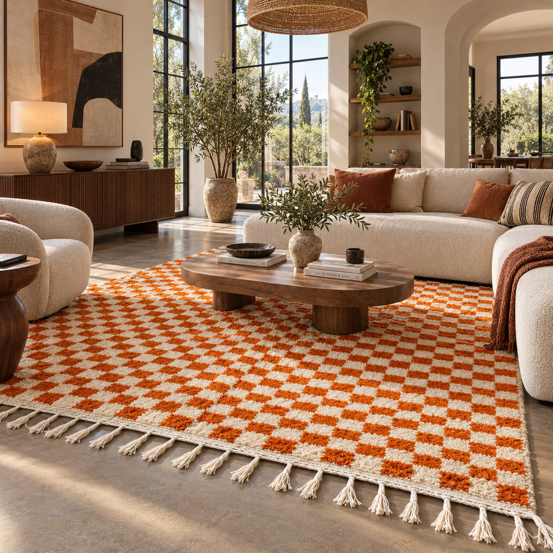 Handmade Moroccan wool rug in orange and cream checkerboard pattern – Berber wool carpet
