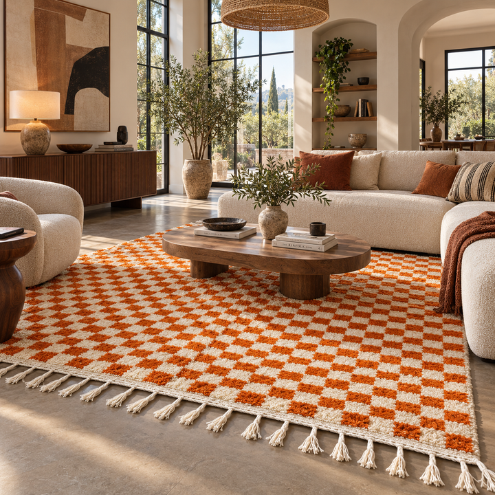 Handmade Moroccan wool rug in orange and cream checkerboard pattern – Berber wool carpet
