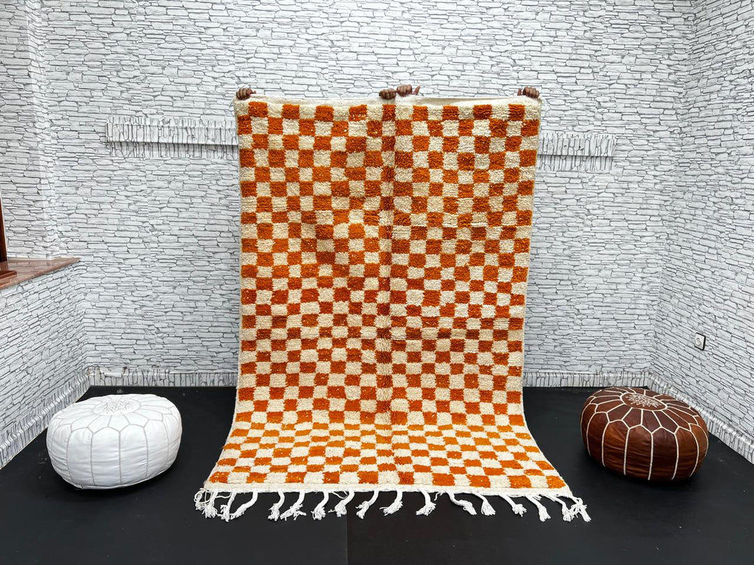 Handmade Moroccan wool rug in orange and cream checkerboard pattern – Berber wool carpet