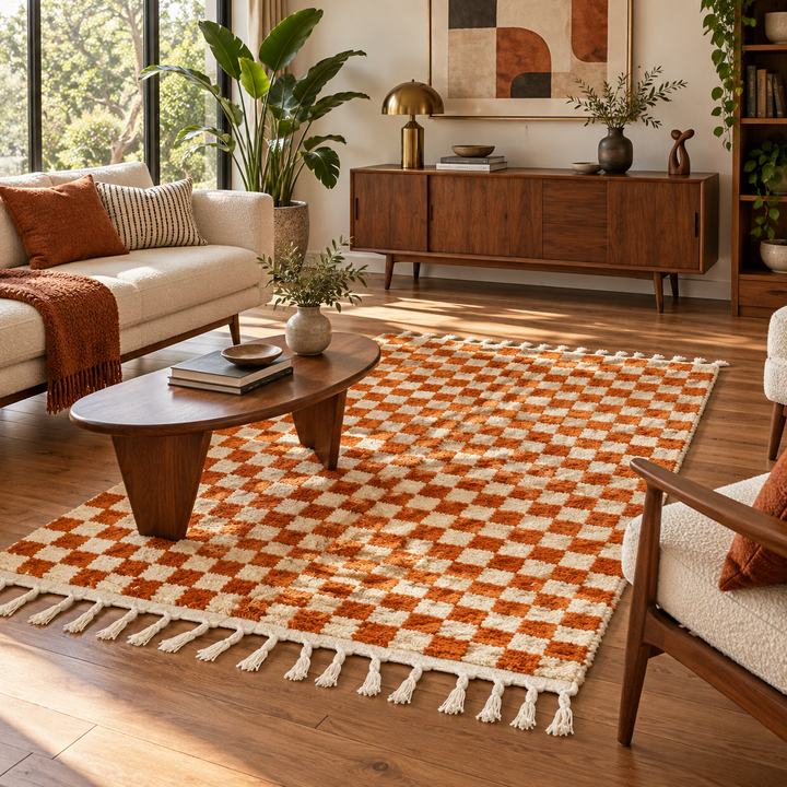 Handmade Moroccan wool rug in orange and cream checkerboard pattern – Berber wool carpet
