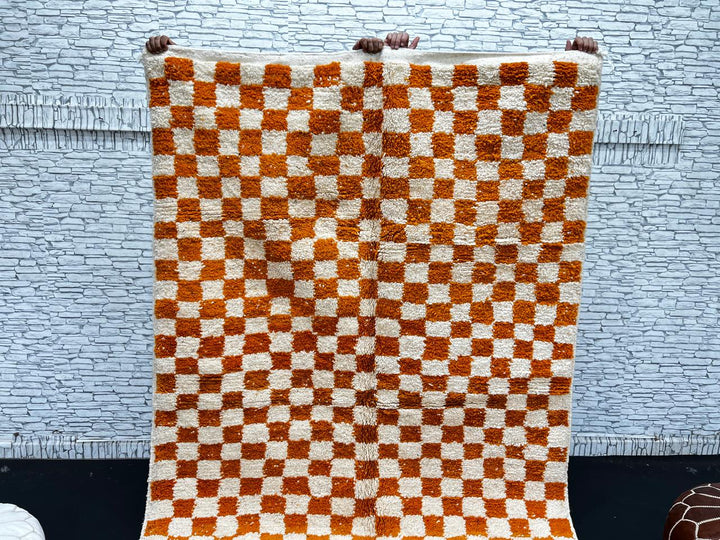 Handmade Moroccan wool rug in orange and cream checkerboard pattern – Berber wool carpet