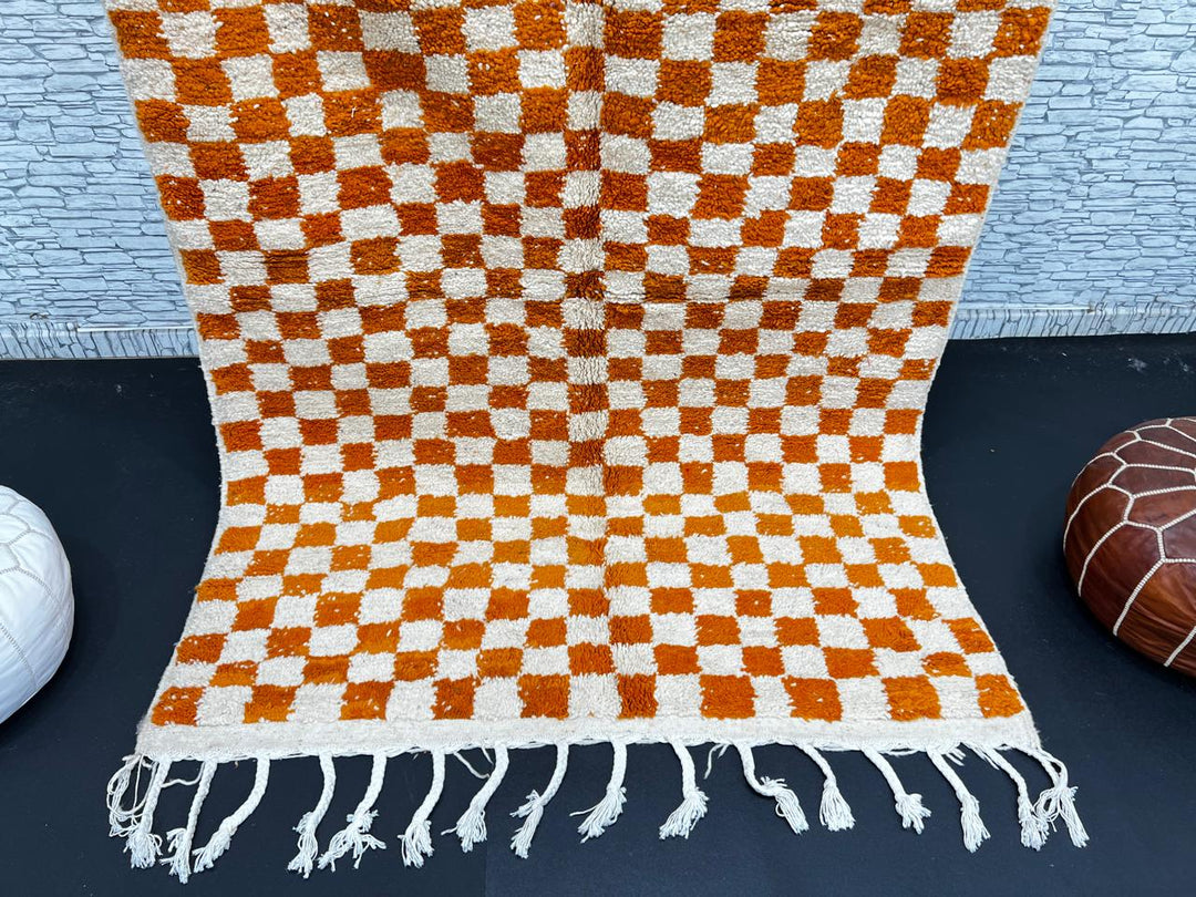 Handmade Moroccan wool rug in orange and cream checkerboard pattern – Berber wool carpet