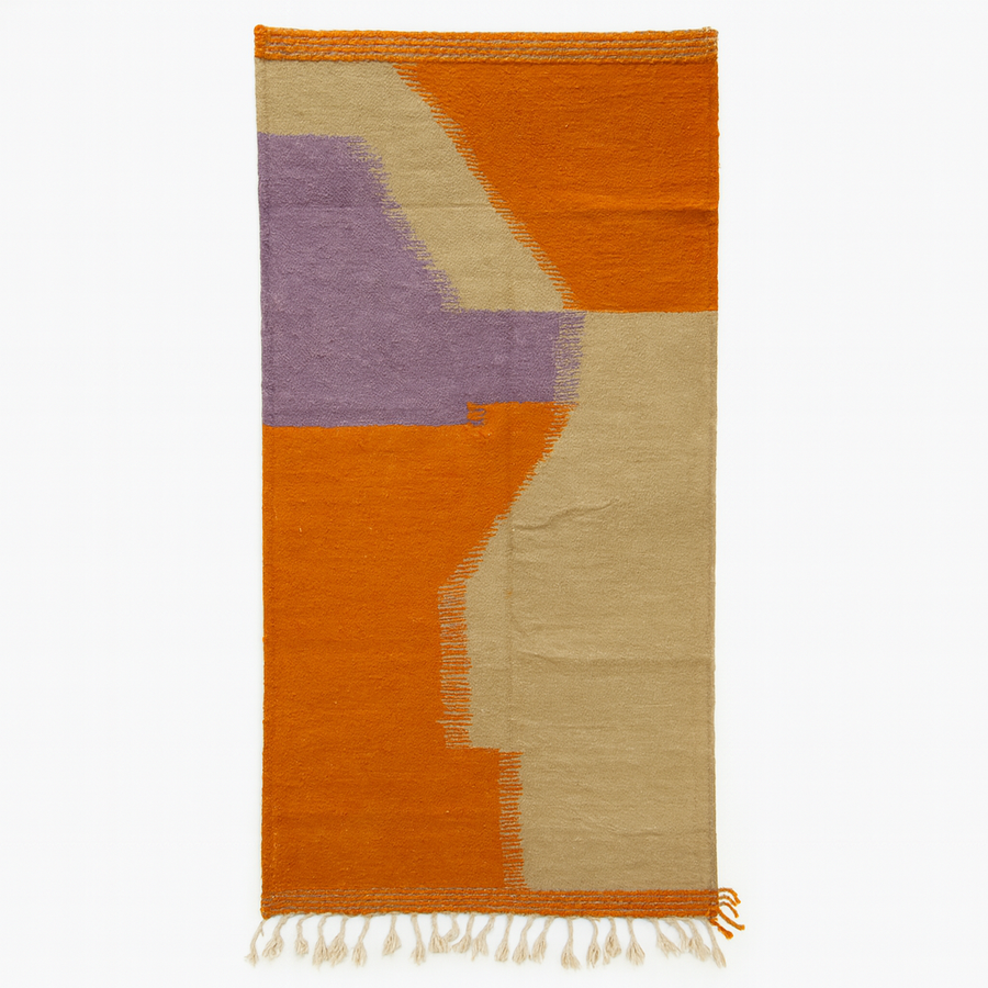 Handmade Moroccan runner rug with abstract orange design in beige and lavender tones, modern wool hallway rug