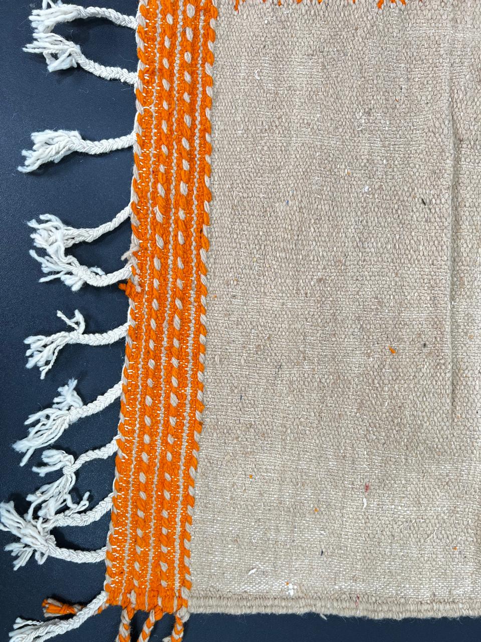 Handmade Moroccan runner rug with abstract orange design in beige and lavender tones, modern wool hallway rug