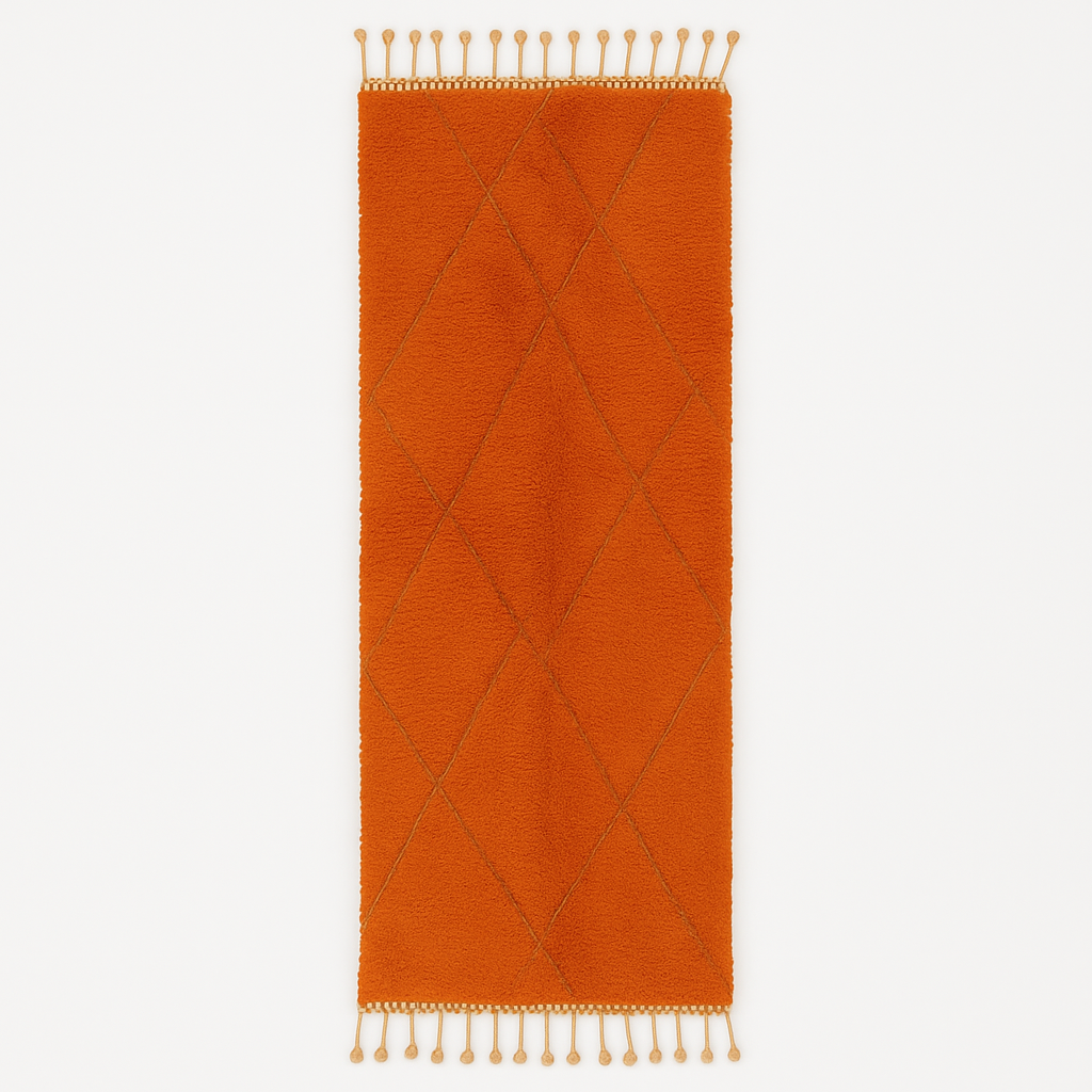 Handmade orange Moroccan runner rug with shag wool texture and diamond geometric pattern, crafted by Berber artisans.