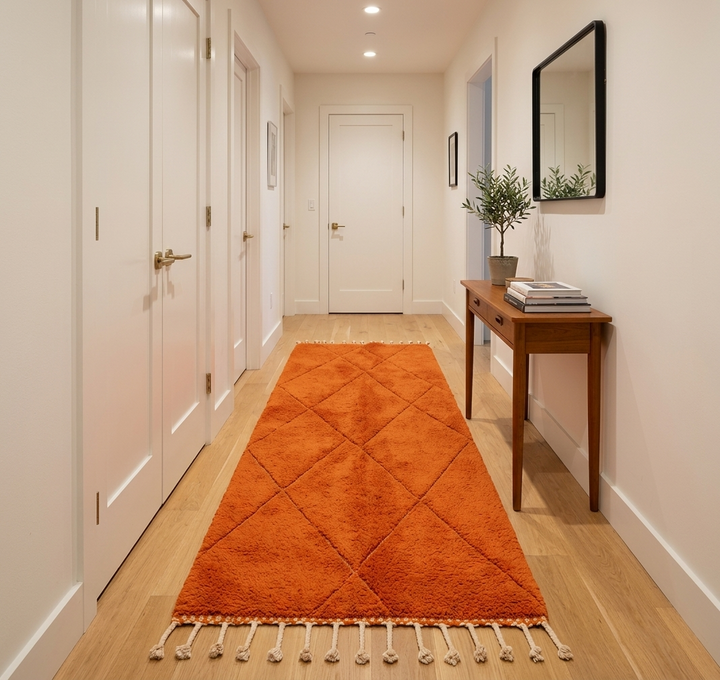 Handmade orange Moroccan runner rug with shag wool texture and diamond geometric pattern, crafted by Berber artisans.