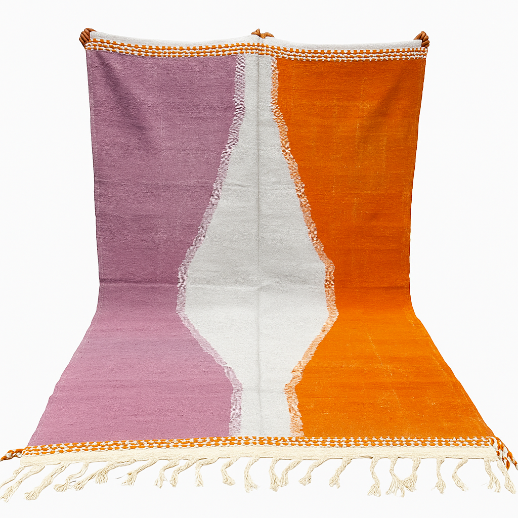 Handwoven Moroccan flatweave wool rug in orange, purple, and light gray – Berber kilim carpet