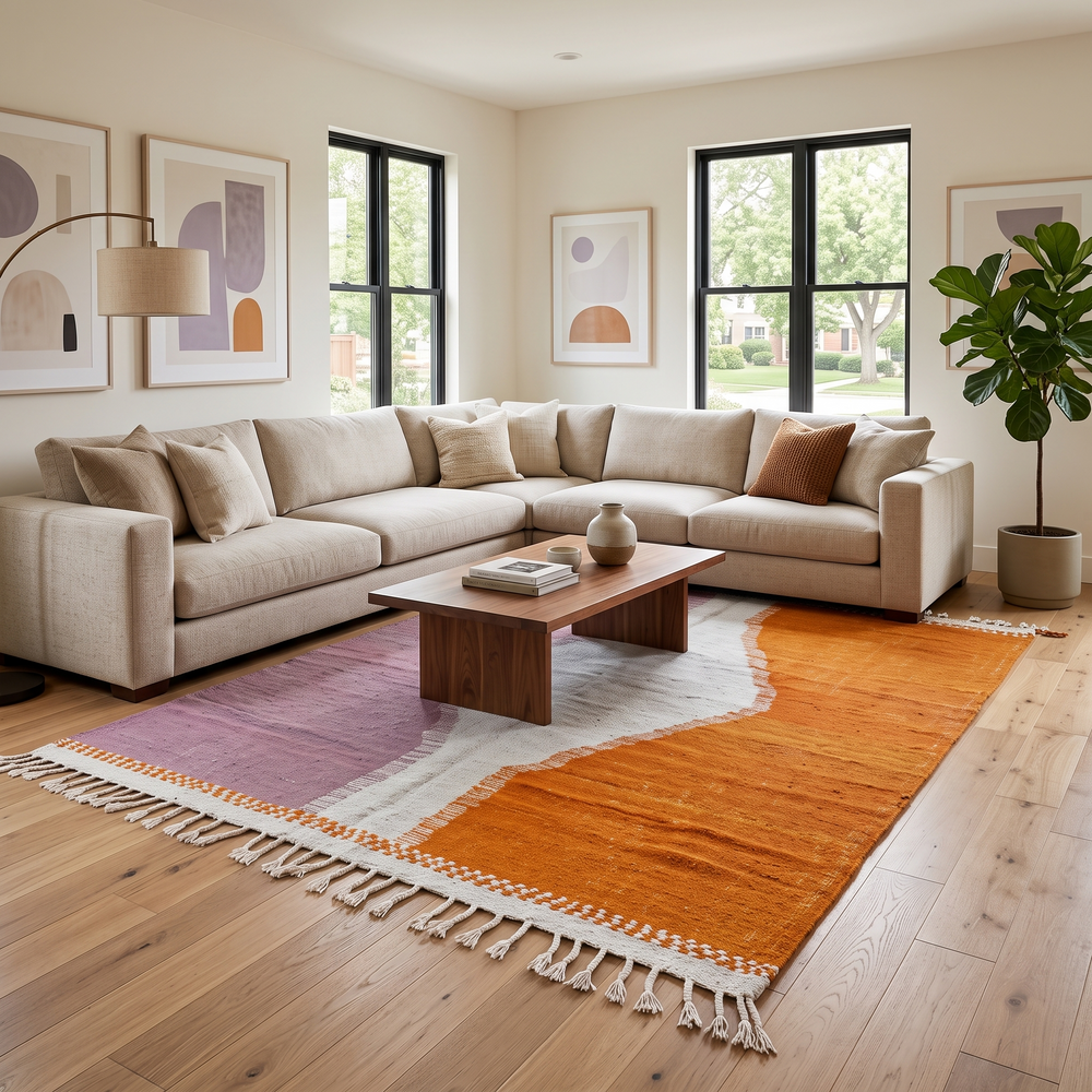 Handwoven Moroccan flatweave wool rug in orange, purple, and light gray – Berber kilim carpet