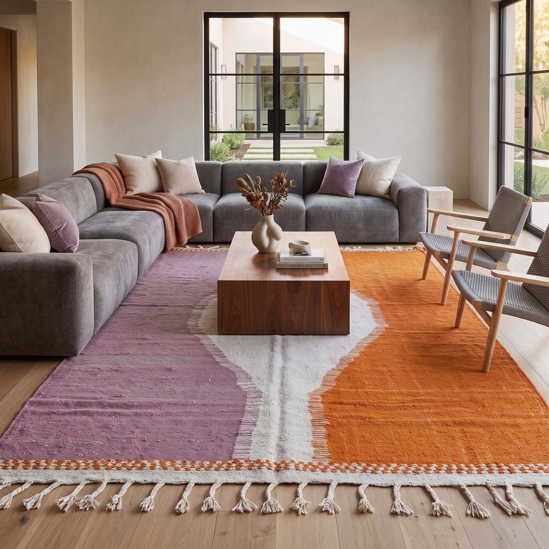 Handwoven Moroccan flatweave wool rug in orange, purple, and light gray – Berber kilim carpet