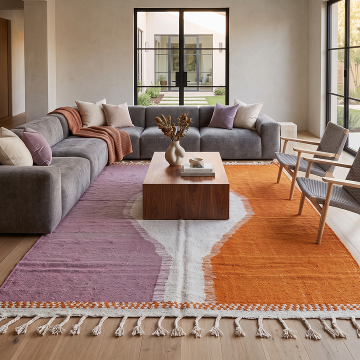 Handwoven Moroccan flatweave wool rug in orange, purple, and light gray – Berber kilim carpet
