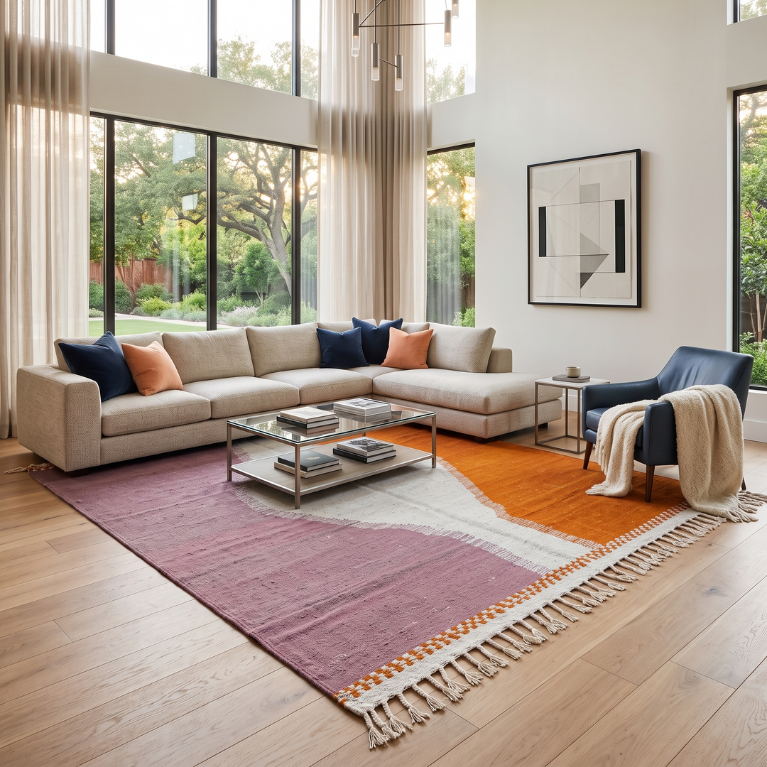 Handwoven Moroccan flatweave wool rug in orange, purple, and light gray – Berber kilim carpet