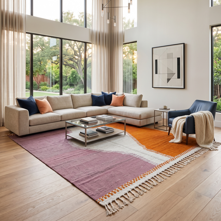 Handwoven Moroccan flatweave wool rug in orange, purple, and light gray – Berber kilim carpet