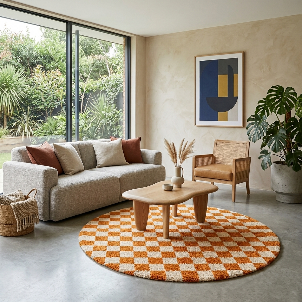 Handmade round Moroccan wool rug with orange and white checkerboard pattern on white background