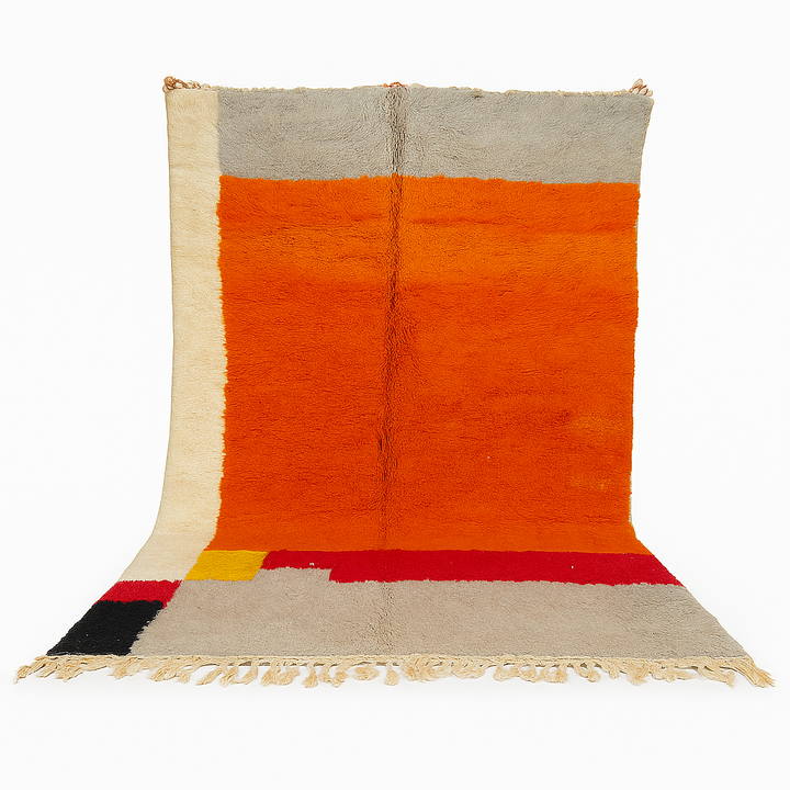 Orange Moroccan wool rug with modern color block design in red, beige, yellow, and black, handmade by Berber artisans