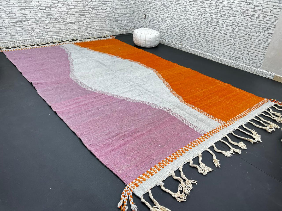 Handwoven Moroccan flatweave wool rug in orange, purple, and light gray – Berber kilim carpet