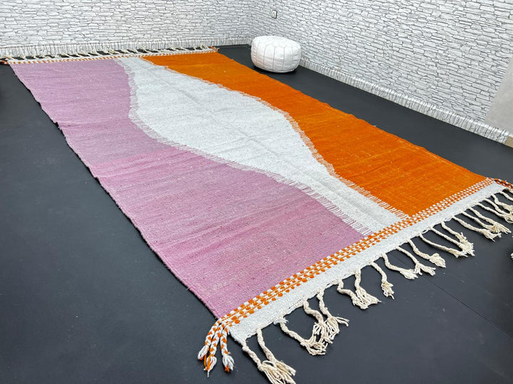Handwoven Moroccan flatweave wool rug in orange, purple, and light gray – Berber kilim carpet