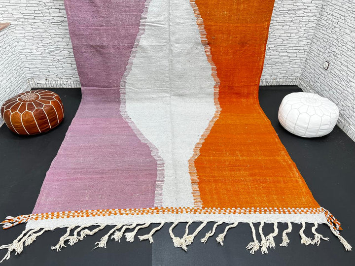 Handwoven Moroccan flatweave wool rug in orange, purple, and light gray – Berber kilim carpet