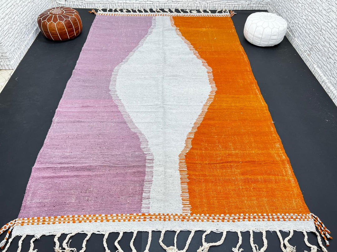 Handwoven Moroccan flatweave wool rug in orange, purple, and light gray – Berber kilim carpet