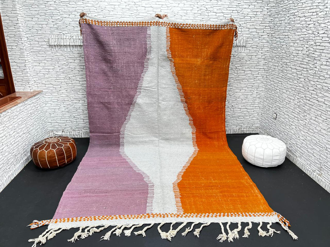 Handwoven Moroccan flatweave wool rug in orange, purple, and light gray – Berber kilim carpet