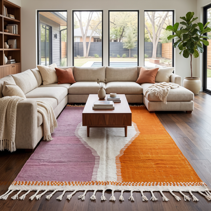 Handwoven Moroccan flatweave wool rug in orange, purple, and light gray – Berber kilim carpet