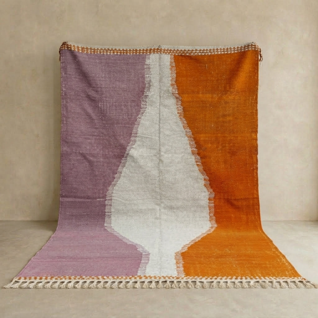 Handwoven Moroccan flatweave wool rug in orange, purple, and light gray – Berber kilim carpet