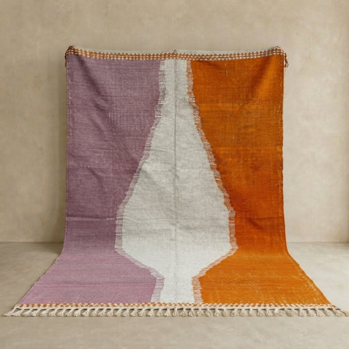Handwoven Moroccan flatweave wool rug in orange, purple, and light gray – Berber kilim carpet